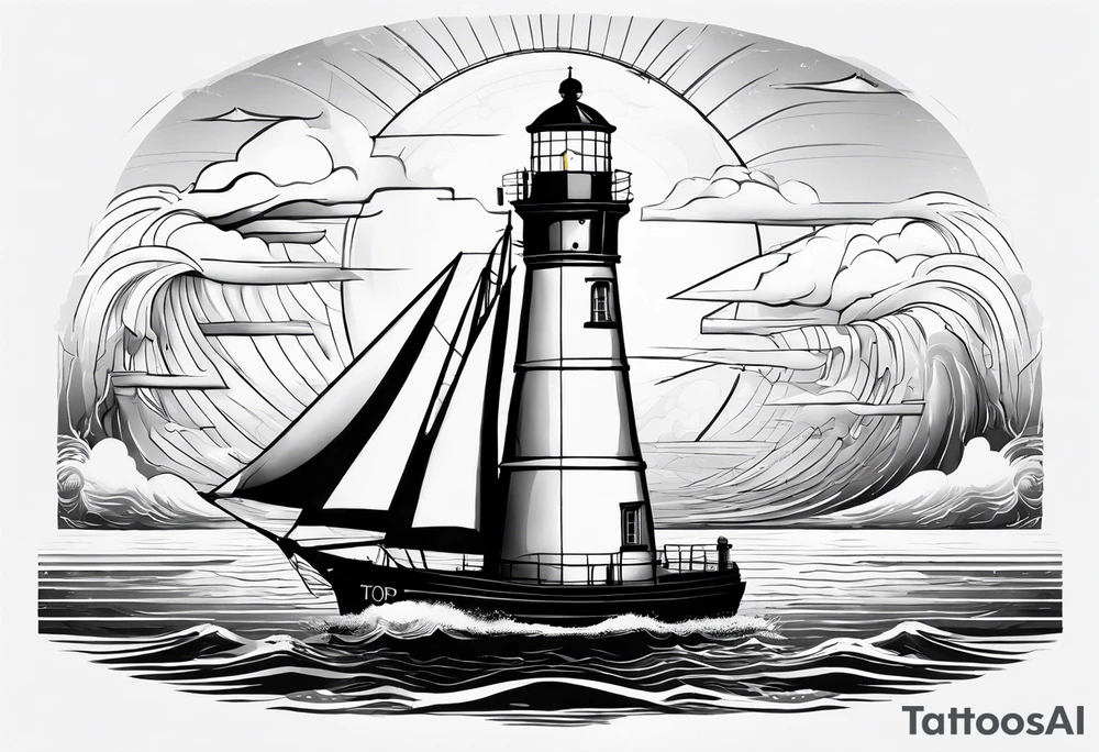 maritime lighthouse partially hidden by its large fixed sail. calm sea reflection. tattoo idea