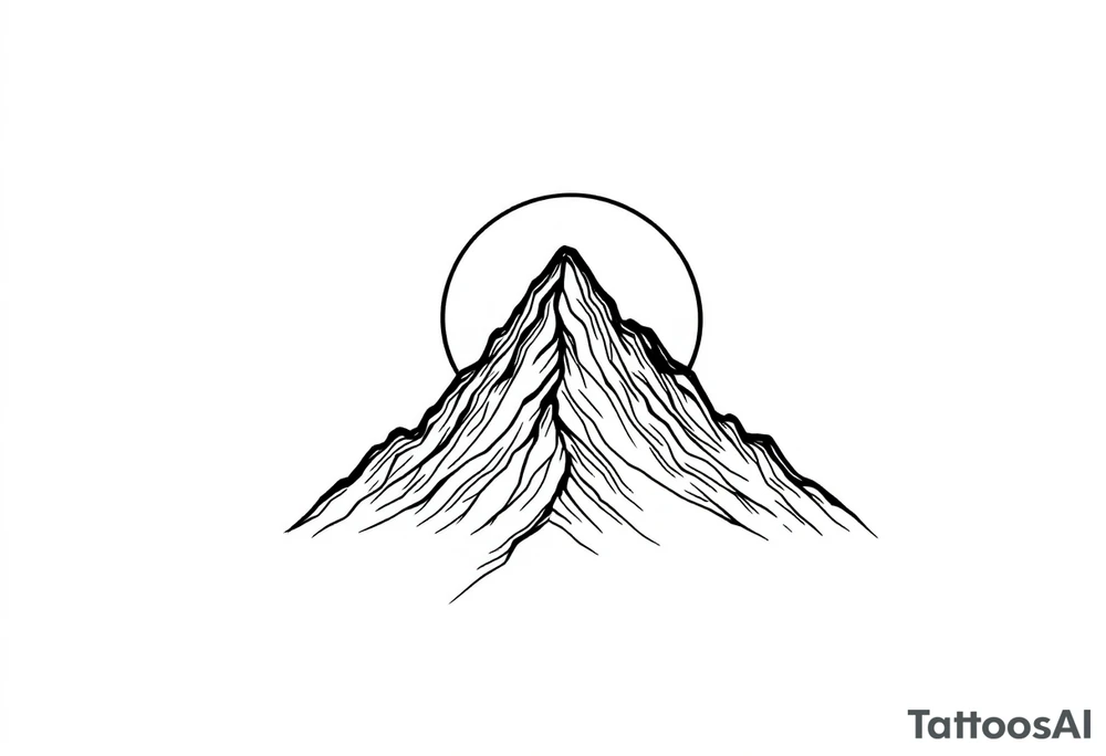 A sleek, triangular mountain outline with smooth, thin lines. Behind the peak, a perfectly symmetrical half-circle sun rises, partially hidden by the mountain’s base. The sun’s curve aligns seamlessly with the mountain, creating balance and flow. There is no shading—just pure, clean lines to keep the design minimalist. tattoo idea