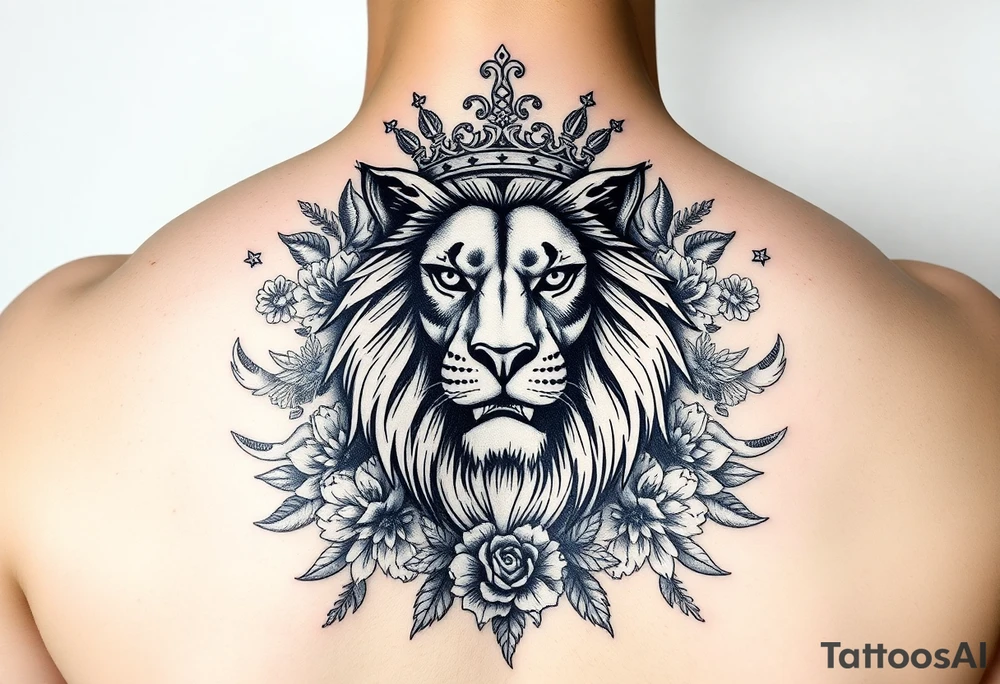powerful majestic lion with a crown, surrounded by floral ornaments and birds tattoo idea