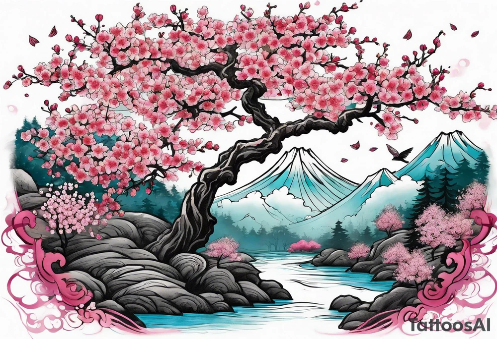 Japanese cherry blossom forest scene tattoo idea