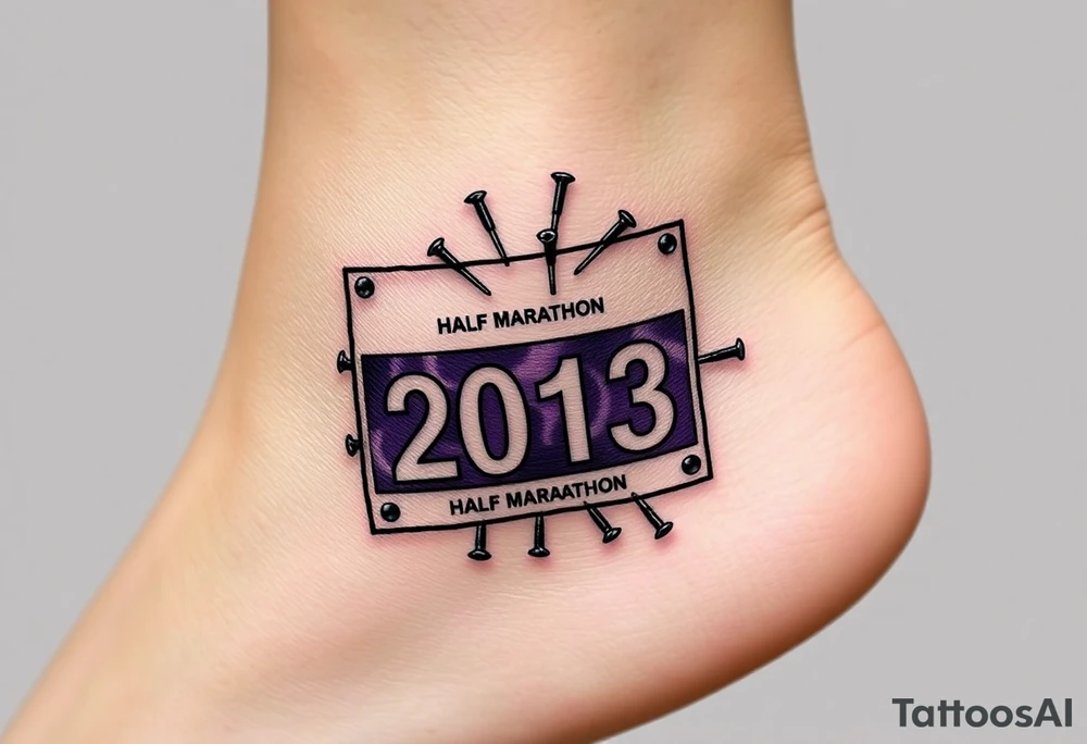 Racing half marathon bib 2013 purple and gold running safety pins piercing the skin running tattoo idea