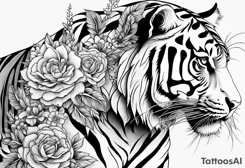 tiger with floral designs, realistic tattoo idea