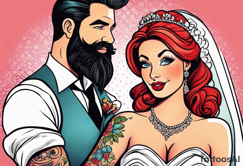 Busty red haired woman and a bearded man with black hair getting married tattoo idea