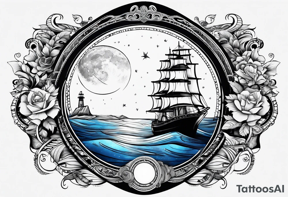 bateau, phare maritime et lune bleu tattoo idea