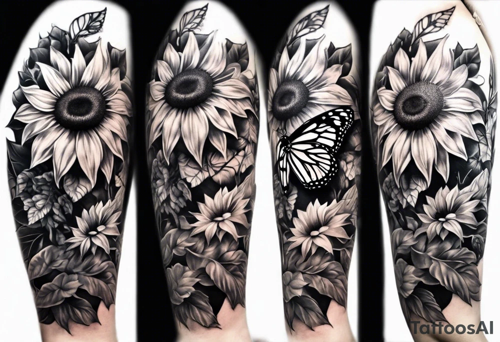 Sunflower and butterfly leg sleeve tattoo idea