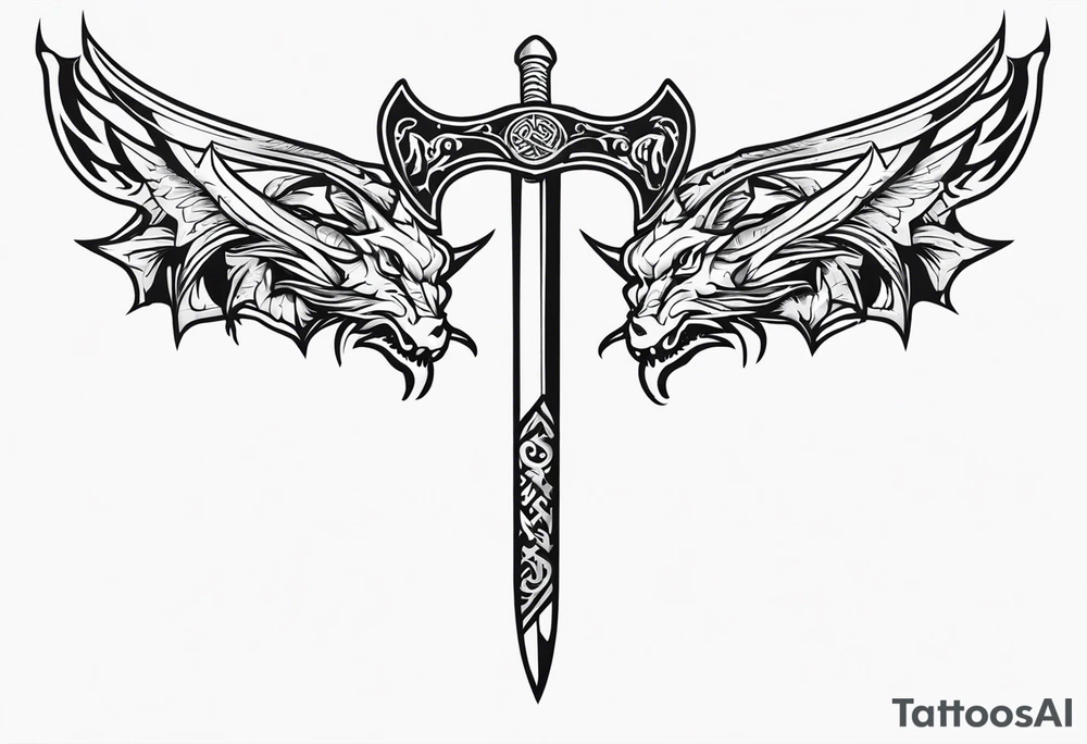 Valhalla sword dragon head axe tattoo idea