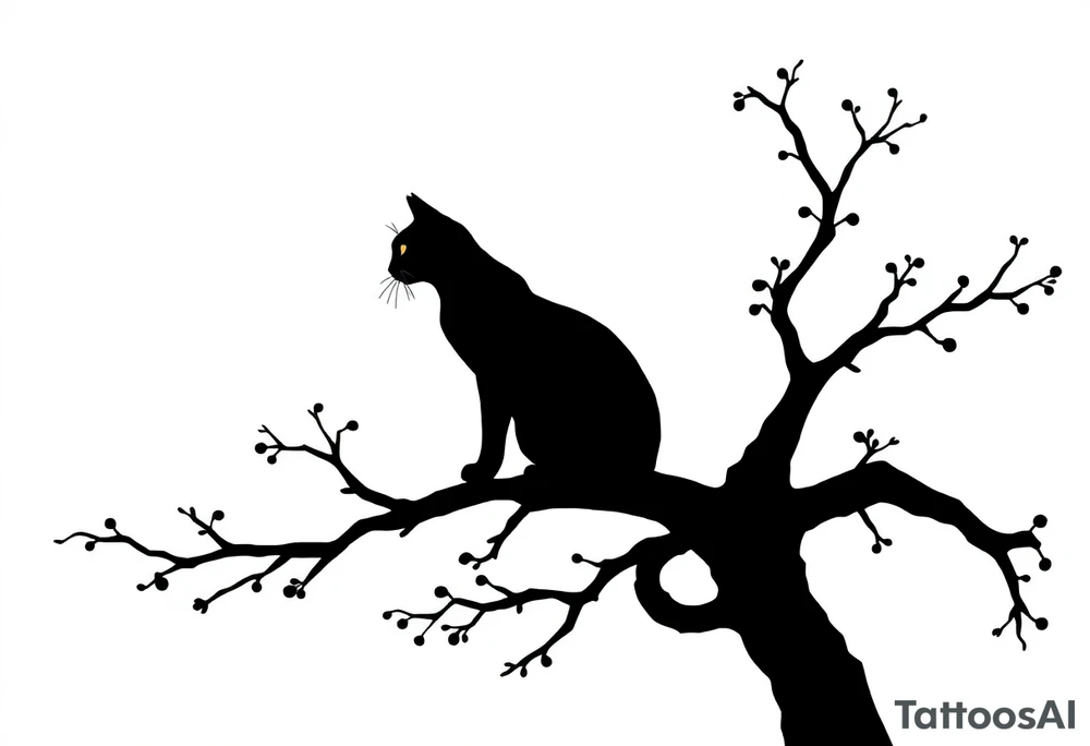 a cats sillhouette siting on a tree in the moon light tattoo idea