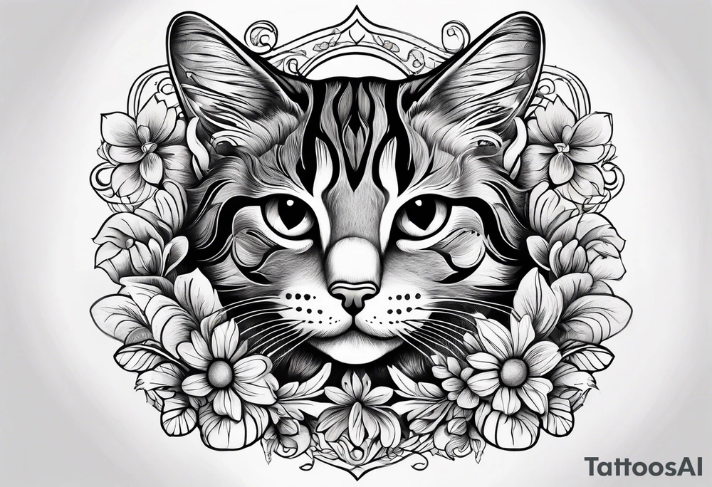 Illustrate a small tattoo of a tabby cat curled up, surrounded by gentle swirls or floral elements to enhance its cozy vibe tattoo idea