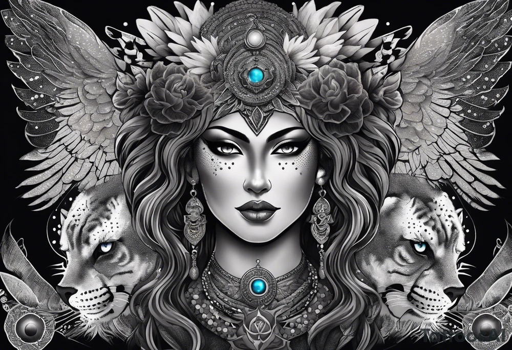 black kali, goddess pirate, alien, angel, pachamama, valkrye, warrior, flying, skull, lotus azul, wing, eagle, zenza resonance, stars, 5D, anahata chakra, death, durga, riding on a tiger, flying lady, kundalini, chest tatoo, samuri, rebel,serpent tattoo idea
