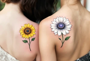 One partner wears a blooming sunflower in vibrant yellow, and the other a moonflower in soft white and lavender, symbolizing love in all seasons. tattoo idea