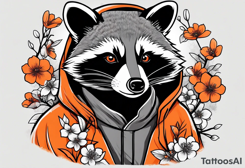 raccoon wearing a black and white Superman hoodie and orange Japanese cherry blossoms tattoo idea