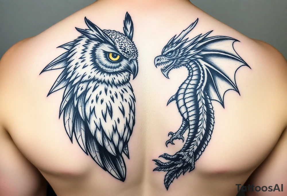 Majestic owl facing a beautiful dragon tattoo idea