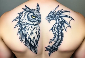 Majestic owl facing a beautiful dragon tattoo idea