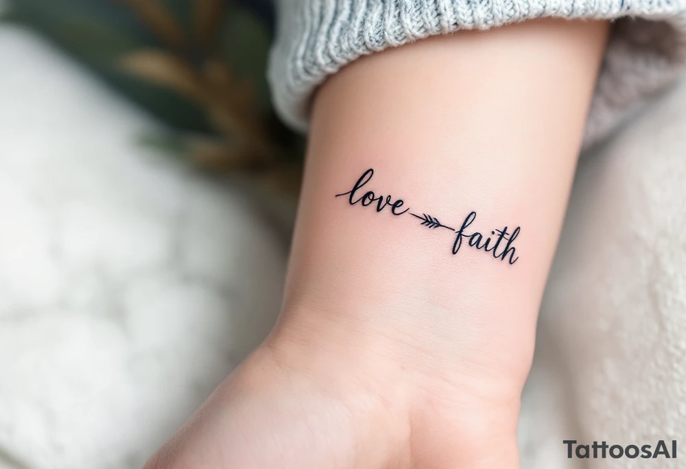 "Love" in dusty rose pink, "Faith" in antique gold, and "Hope" in sky blue, connected by a fine black arrow. tattoo idea