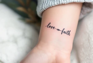 "Love" in dusty rose pink, "Faith" in antique gold, and "Hope" in sky blue, connected by a fine black arrow. tattoo idea