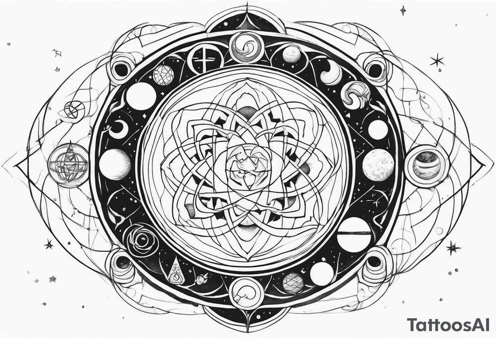 universe full of atoms and spiritual symbols tattoo idea