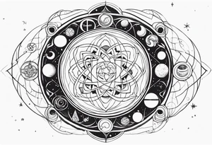 universe full of atoms and spiritual symbols tattoo idea
