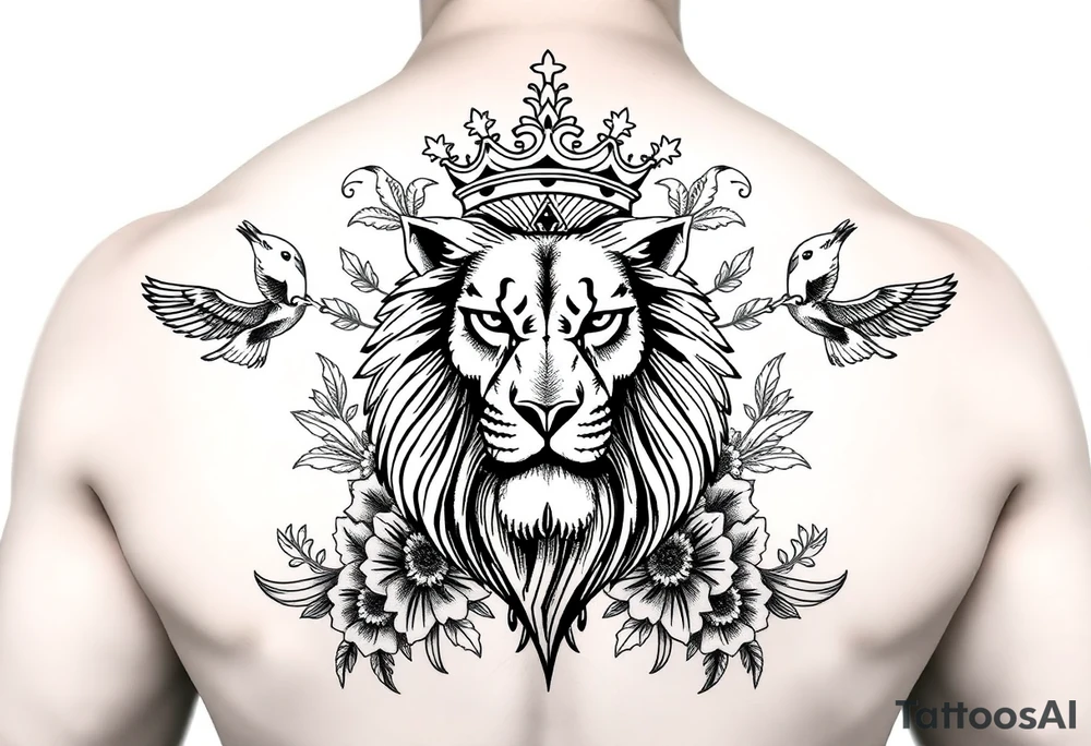 powerful majestic lion with a crown, surrounded by floral ornaments and birds tattoo idea