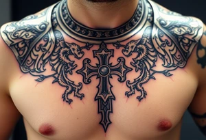 A close-up of an ornate Templar knight’s breastplate, with detailed engravings of dragons and templar cross tattoo idea