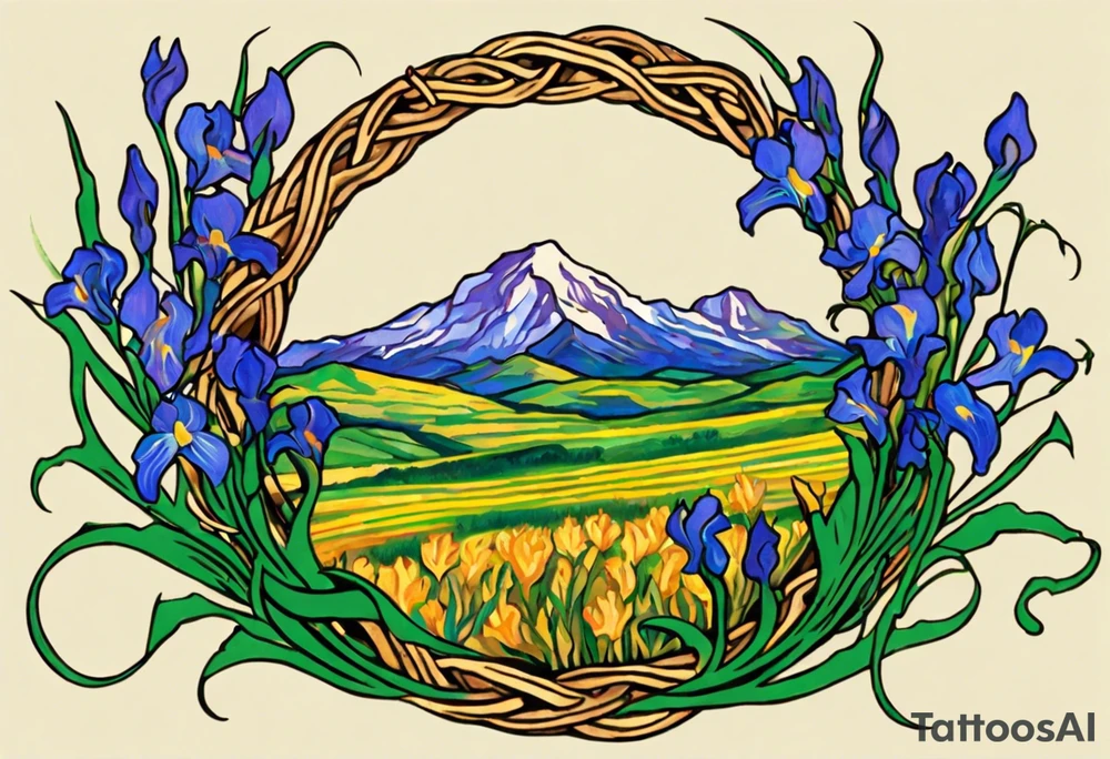 Create a small colorful Vincent van Gogh Irises tattoo in the form of a crescent, with vines or Celtic knots gracefully intertwining at a central point in the middle of the wreath.  In the middle of the wreath are mountains and other items found in New Mexico. Ensure that the design avoids the appearance of a bush and maintains a more structured and deliberate arrangement. The intended placement is on the upper chest. The overall design should be small in size while maintaining a delicate and artistic aesthetic. Pay attention to the graceful flow of the vines and the placement of the irises to achieve a refined and elegant look. tattoo idea