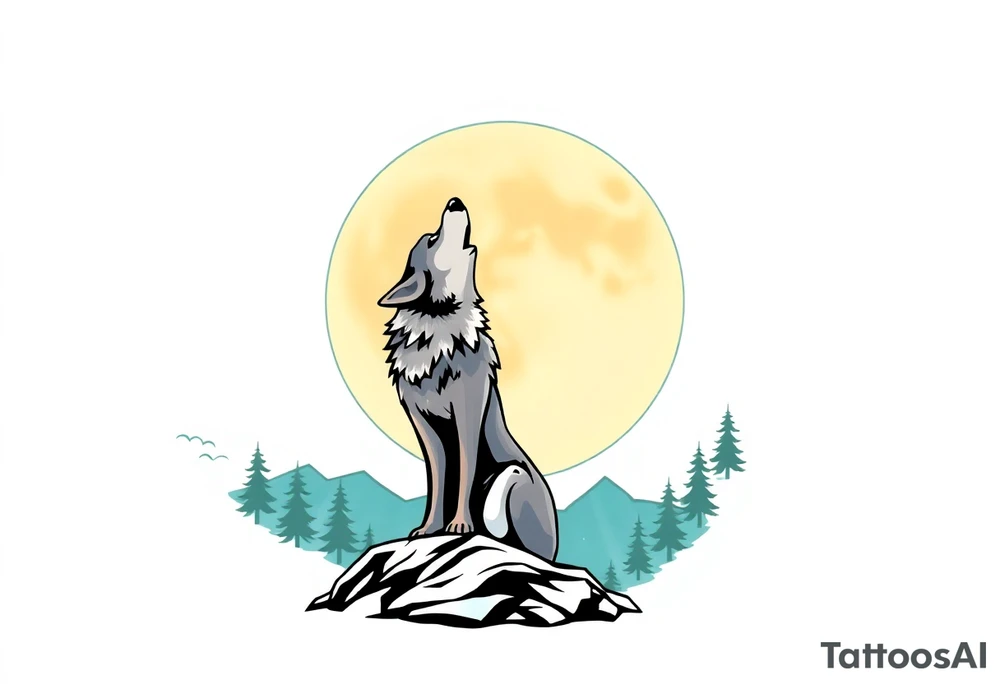 lone wolf howling at full moon with northern lights backdrop tattoo idea