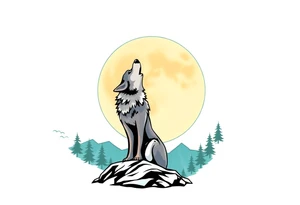 lone wolf howling at full moon with northern lights backdrop tattoo idea