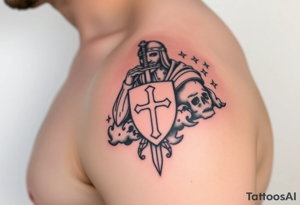 Half sleeve. King Alfred the great, sword, clouds, shield, cross tattoo idea