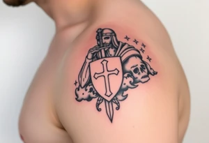 Half sleeve. King Alfred the great, sword, clouds, shield, cross tattoo idea