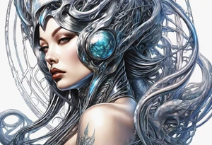 Hajime Sorayama type blended with HR Giger alien woman with vines tattoo idea