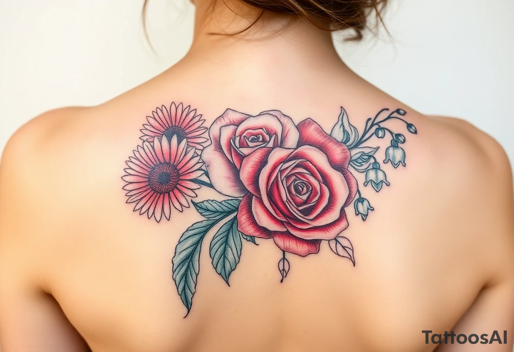 Bouquet of flowers with a aster, carnation, rose, Lily of the valley, delphinium with stems Starting upper middle back to right shoulder tattoo idea