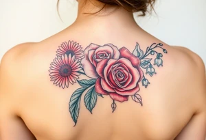 Bouquet of flowers with a aster, carnation, rose, Lily of the valley, delphinium with stems Starting upper middle back to right shoulder tattoo idea