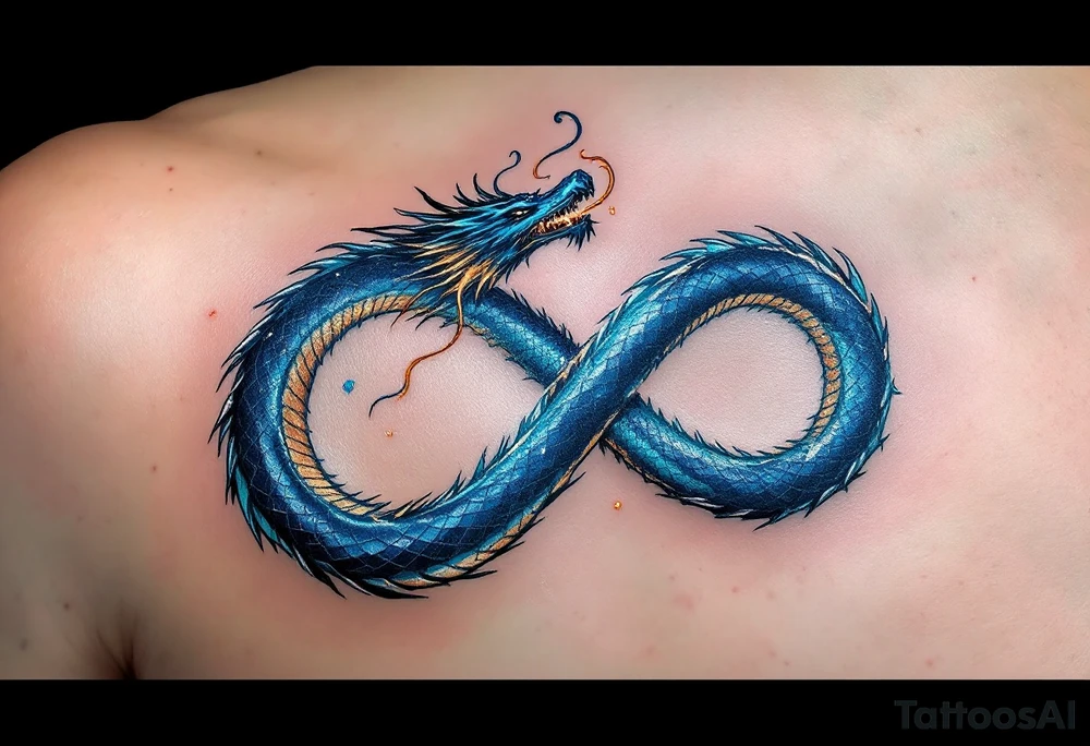 A fierce yet elegant dragon in shimmering deep sapphire blue, its body coiling into an infinity shape, symbolizing eternal love and strength. Its scales glisten with hints of silver and teal, reflecting light like liquid metal. Delicate wisps of smoke and golden fire emerge from its mouth, intertwining like dancing flames. tattoo idea