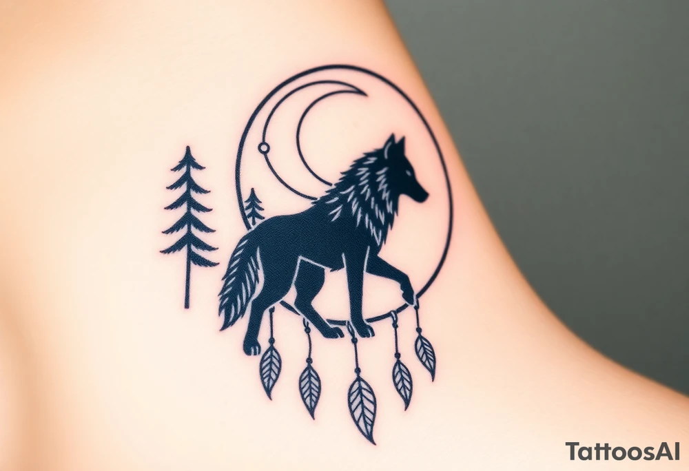 A wolf walking under a crescent moon within a dreamcatcher, surrounded by trees. The wolf is in black with white highlights, and the dreamcatcher is detailed with silver moon symbols and green leaves tattoo idea
