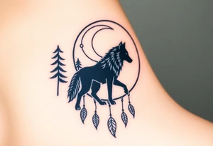 A wolf walking under a crescent moon within a dreamcatcher, surrounded by trees. The wolf is in black with white highlights, and the dreamcatcher is detailed with silver moon symbols and green leaves tattoo idea