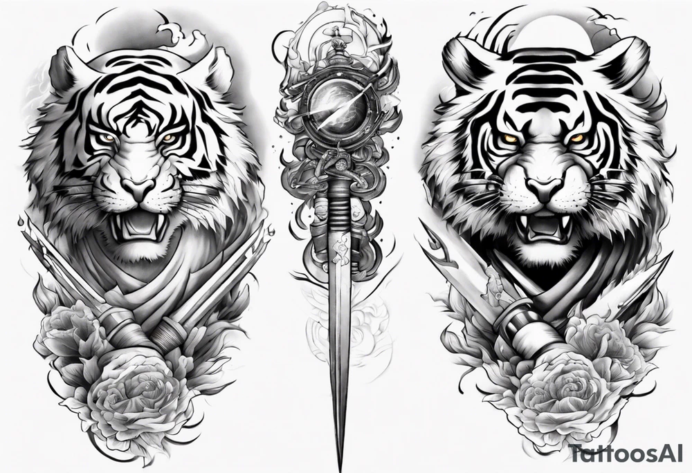 Tiger Warrior sleeve tattoo with lightning and the sun
Forearm sleeve tattoo idea
