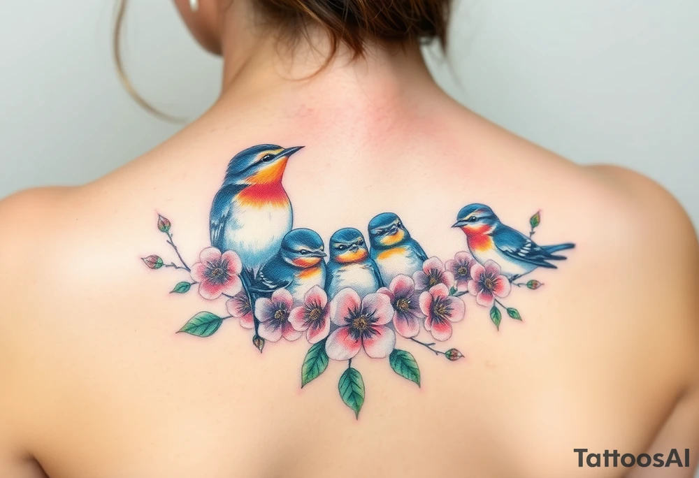 Mom bird and three baby birds with flowers tattoo idea