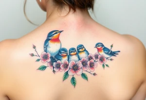 Mom bird and three baby birds with flowers tattoo idea