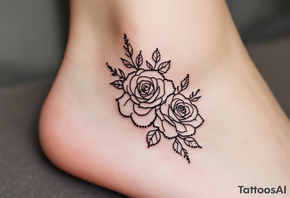 Dotted outline of cluster of roses, with no fill, resembling a hand-poked aesthetic, placed on the ankle. tattoo idea