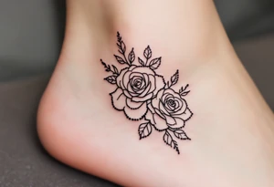 Dotted outline of cluster of roses, with no fill, resembling a hand-poked aesthetic, placed on the ankle. tattoo idea