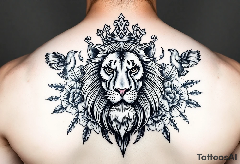 powerful majestic lion with a crown, surrounded by floral ornaments and birds tattoo idea