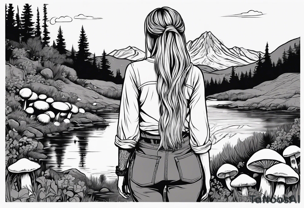 Whole picture encircled fully

Straight long blonde hair hippie girl in distance holding mushrooms in hand facing away toward mountains and creek surrounded by mushrooms long sleeve shirt and hiking pants; whole rendering within a full circle, no cut off circle tattoo idea