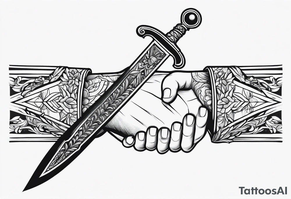 Hand holding dagger outline design no fill tattoo idea