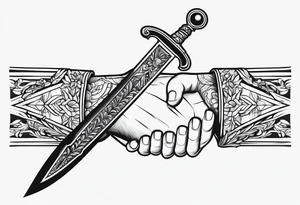 Hand holding dagger outline design no fill tattoo idea