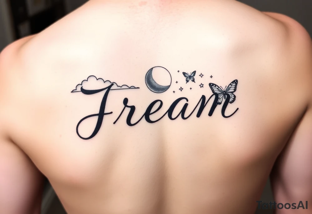 The name Jream in cursive with shaded clouds, a moon and butterfly’s with stars on forearm tattoo idea