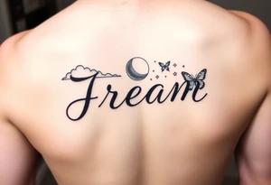 The name Jream in cursive with shaded clouds, a moon and butterfly’s with stars on forearm tattoo idea