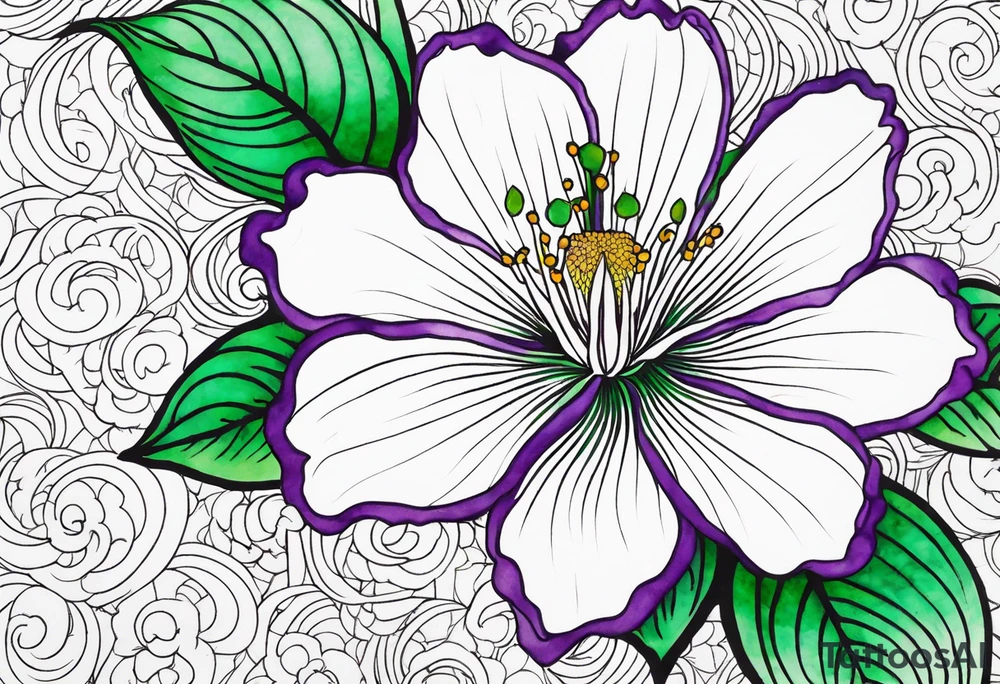 An outline of a rio dipladenia flower with a green and purple watercolor mix in the background tattoo idea