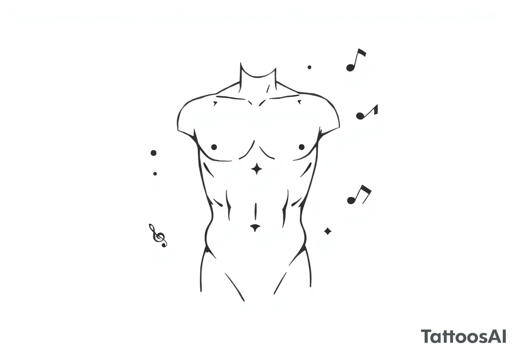 Male Greek statue torso. No arms, legs or head. Fit and muscular. Simple design. Creative arts symbols like music notes scattered around the torso and partially behind it. tattoo idea