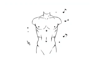 Male Greek statue torso. No arms, legs or head. Fit and muscular. Simple design. Creative arts symbols like music notes scattered around the torso and partially behind it. tattoo idea