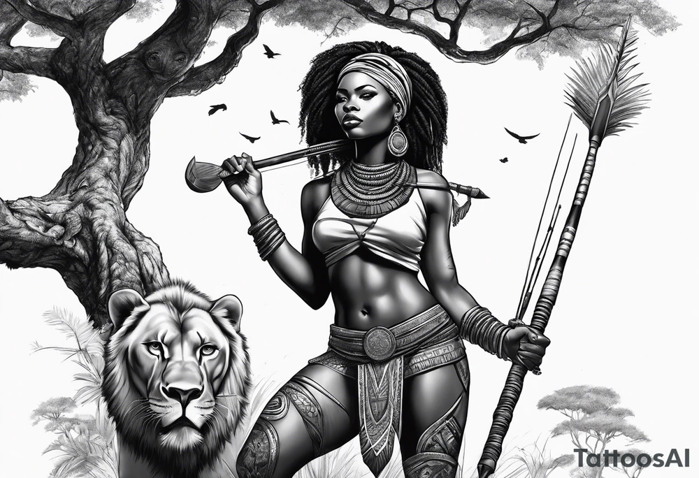 African woman warrior with spear in her hand with Lion in the tree around her tattoo idea