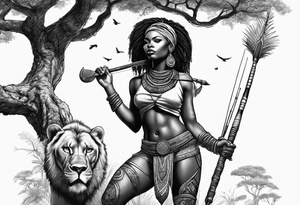 African woman warrior with spear in her hand with Lion in the tree around her tattoo idea